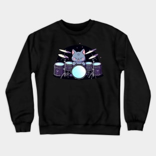 Retro 90s Cat Playing Drums Gifts Drummer Concert Drums Crewneck Sweatshirt